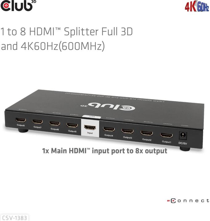 Actual product image Club 3D Club3D HDMI Splitter 1 input -> 8 outputs 4K60Hz UHD retail