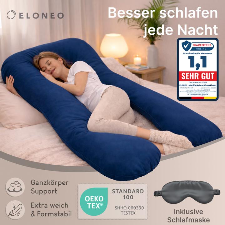 Produktbild Eloneo Seitenschläferkissen mit Bezug, Stillkissen, Schwangerschaftskissen XXL, Blau (153 x 97 cm)