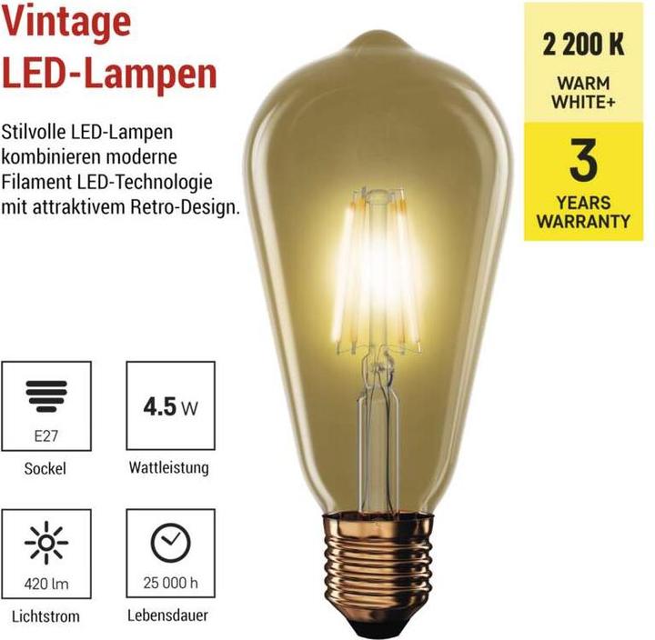 Label énergétique Emos Lampe LED Vintage ST64 / E27 / 4,5 W (40 W) / 420 lm / Blanc chaud (E27, 4.50 W, 420 lm, 1 x, F)