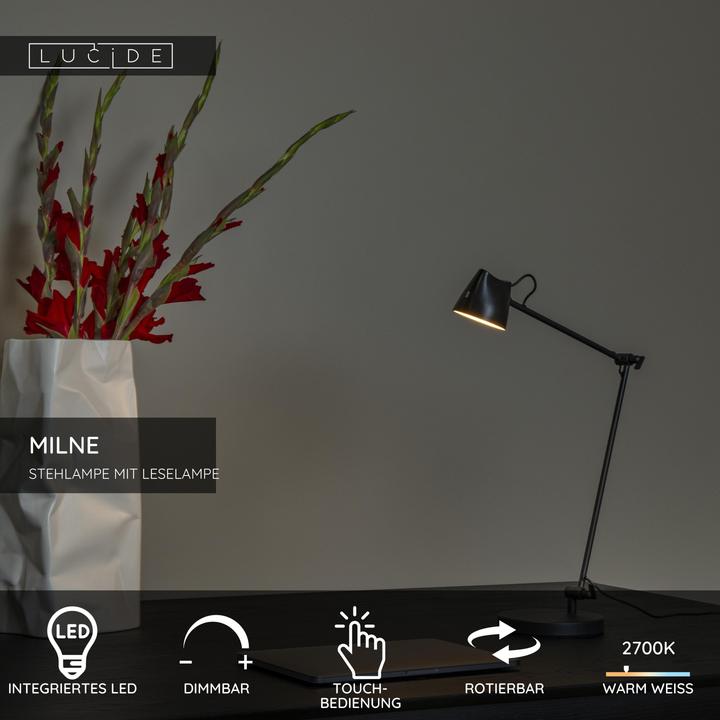 Actual product image Lucide MILNE LED Stehlampe Mit Leselampe 8W dimmbar Warmweiss Modern Schwarz 44616/06/30 (250 lm)