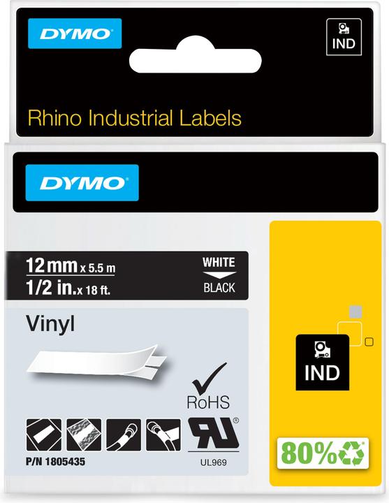 Produktbild Dymo Rhino 12mm weiß auf schwarz Vinyl (1.20 cm, Schwarz)
