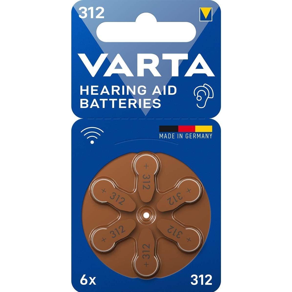 Varta Batterie per apparecchi acustici tipo 312, 1,4V (confezione da 6) (6 pz., A312, 180 mAh), Batterie + pile