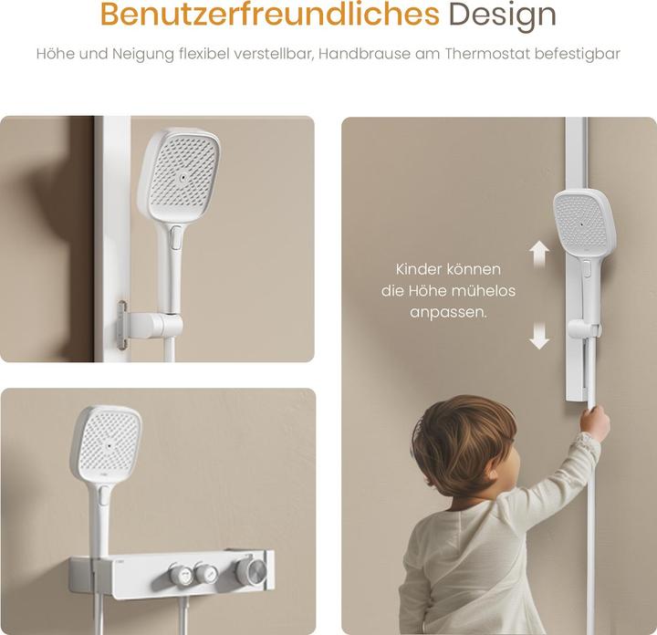 Actual product image Emke Shower set with thermostat White matt Shower mixer complete set incl. 3 spray types Hand shower