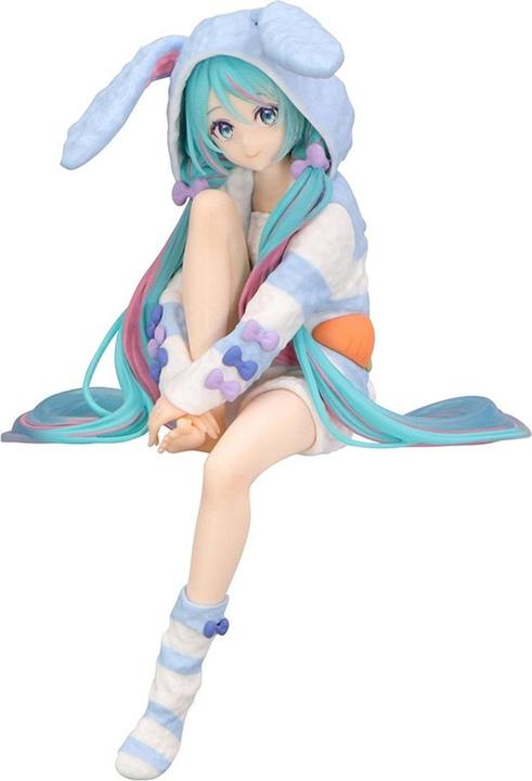 Actual product image Furyu Hatsune Miku Noodle Stopper PVC Statue Hatsune Miku Rabbit Ear Hood Pajama Blue Color Ver. 14 cm