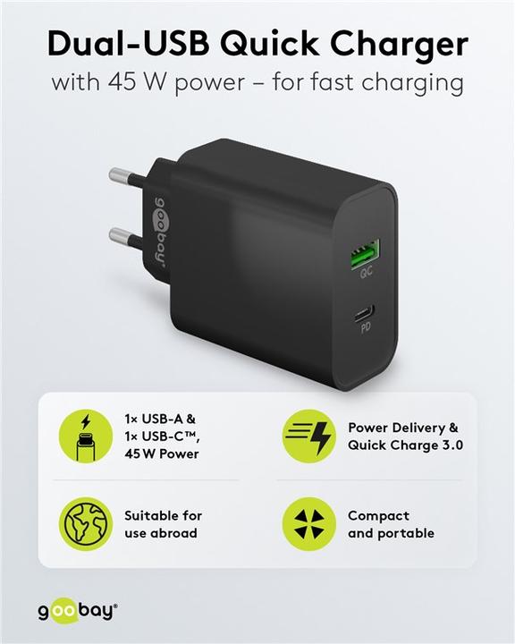 Image du produit Goobay Chargeur Rapide Double USB PD et QC (45 W, 1 portion)