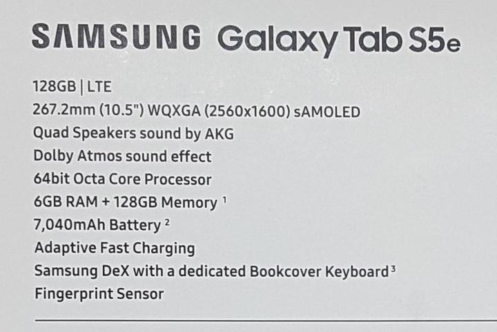 Valori nutrizionali e ingredienti Samsung Galaxy Tab S5e (4G, 10.50", 128 GB, Nero)