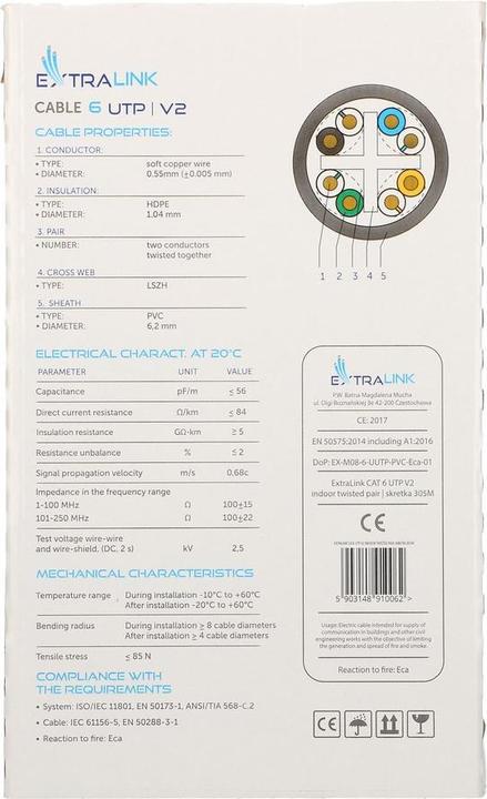 Produktbild Extralink CAT6 UTP U/UTP V2 indoor twisted pair 305m (U/UTP, CAT6, 305 m)