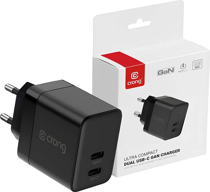 Actual product image Crong Ultra Compact GaN - Ładowarka sieciowa 35W PD 3.0 2x USB-C (czarny) (35 W, 2 ports)