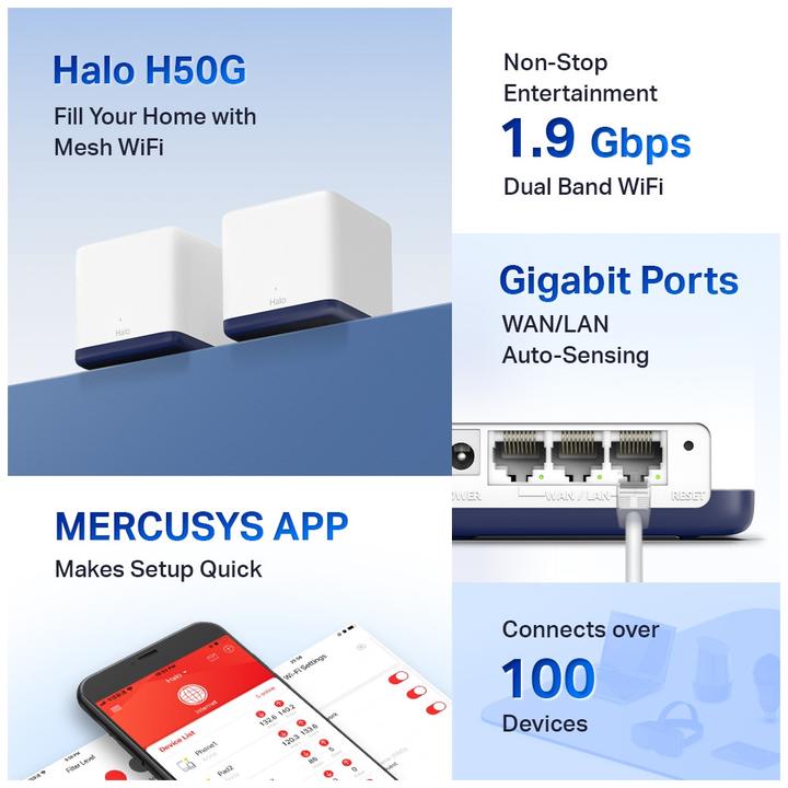 Produktbild Mercusys Halo H50G(2-pack) Dual-Band (2 4 GHz/5 GHz) Wi-Fi 5 (802.11ac) Weiss 3 Intern