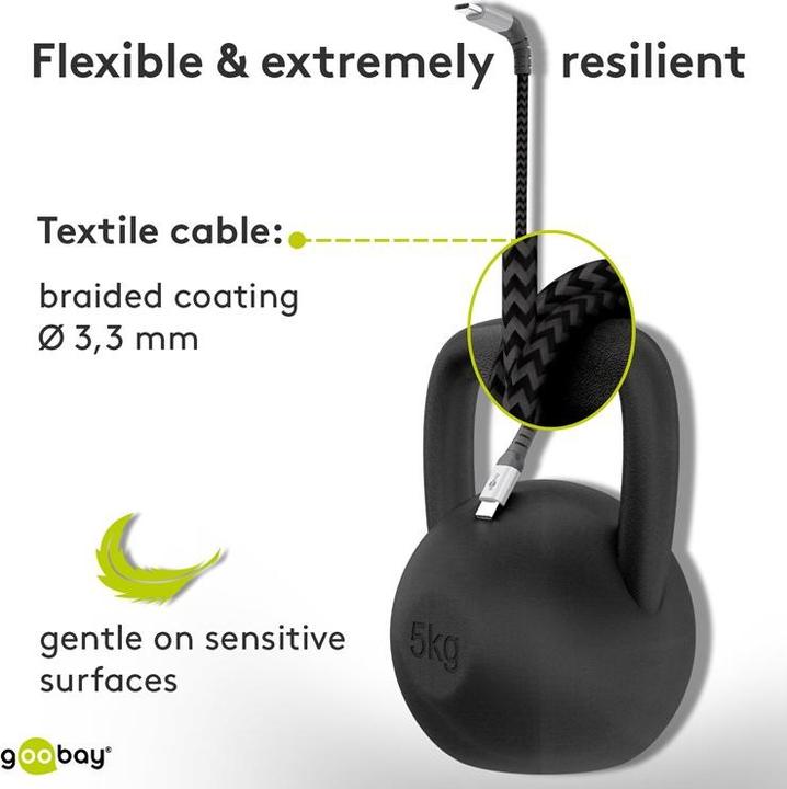 Productafbeelding Goobay USB-C™ naar USB-C™ textiel kabel met metalen stekkers (space grijs/zilver) 1 m, zwart-grijs (1 m, USB 2.0)