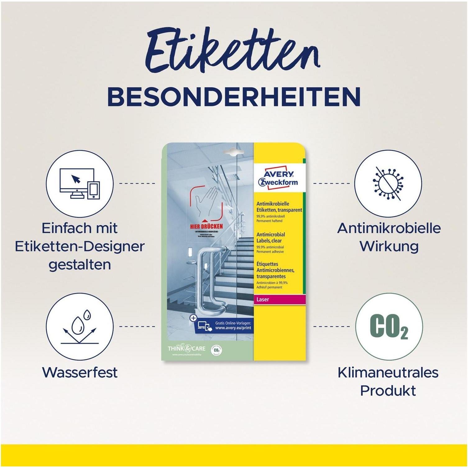 Avery, Etiketten, AVZ L8011-10 Antimikrobielle Etiketten 210x297mm transparent