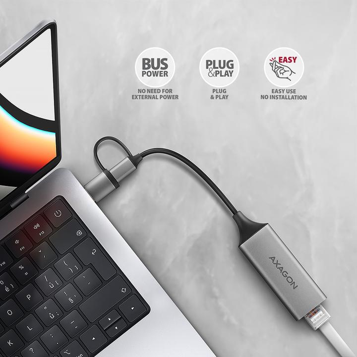 Image du produit Axagon ADE-TXCA, USB-C + USB-A 3.2 Gen 1 - Gigabit Ethernet s????ov?? karta, Asix AX88179, auto instal (USB-C, USB, RJ45 (1x))