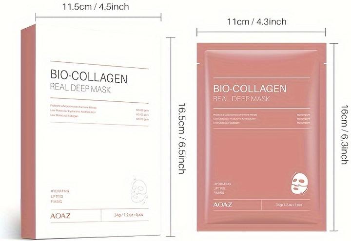 Actual product image PhoneLook 4er-Pack Bio-Kollagen Feuchtigkeitsmasken mit Hyaluronsäure und Niacinamid für alle Hauttypen (100 ml)