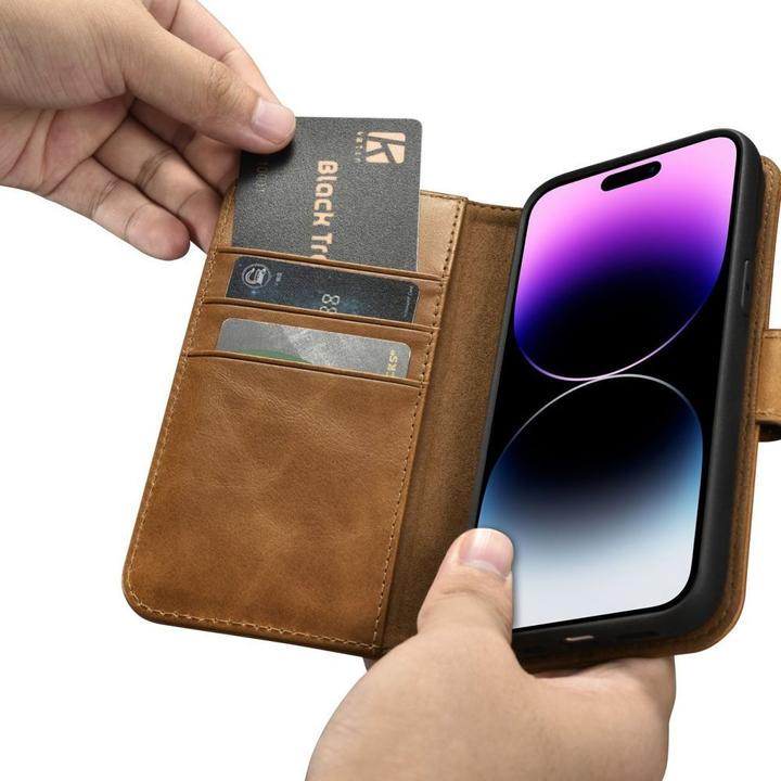 Actual product image iCarer Oil Wax Wallet Case 2in1 Cover iPhone 14 Pro Anti-RFID Leather Flip Case Brown (WMI14220722-T (Apple iPhone 14 Pro)
