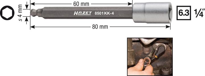 Produktbild HAZET Drehzahlsensor Kugelkopf Schraubendreher-Steckschlüsseleinsatz 8501KK-4 ∙ Vierkant6,3 mm (1/4… (4 mm)