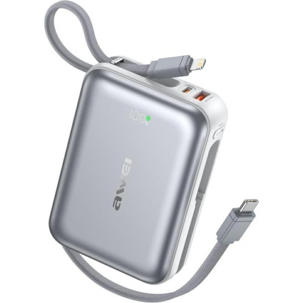 Awei Power bank C03 20000mAh USB-A/USB-C + Lightning/USB-C cables silver (20000 mAh, 45 W), Powerbank, Argento