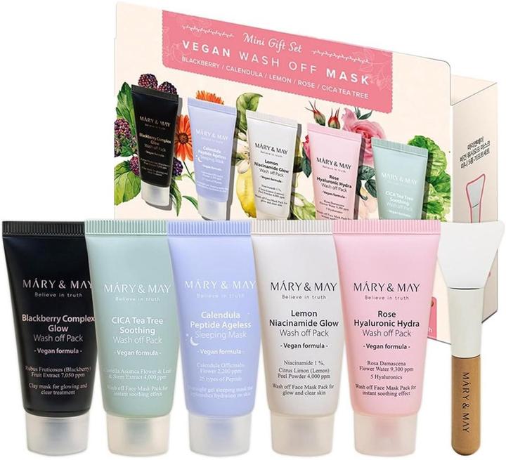 Mary&May Vegane abwaschbare Maske Geschenkset - Cica, Teebaum, Rose, Hyaluron (Gesichtspflege Set)