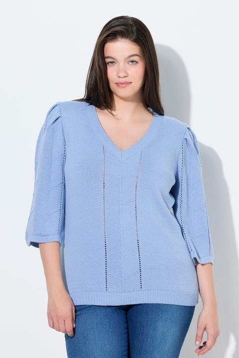 Produktbild Ulla Popken Pullover, Ajourstrick, V-Ausschnitt, 3/4-Arm (58)