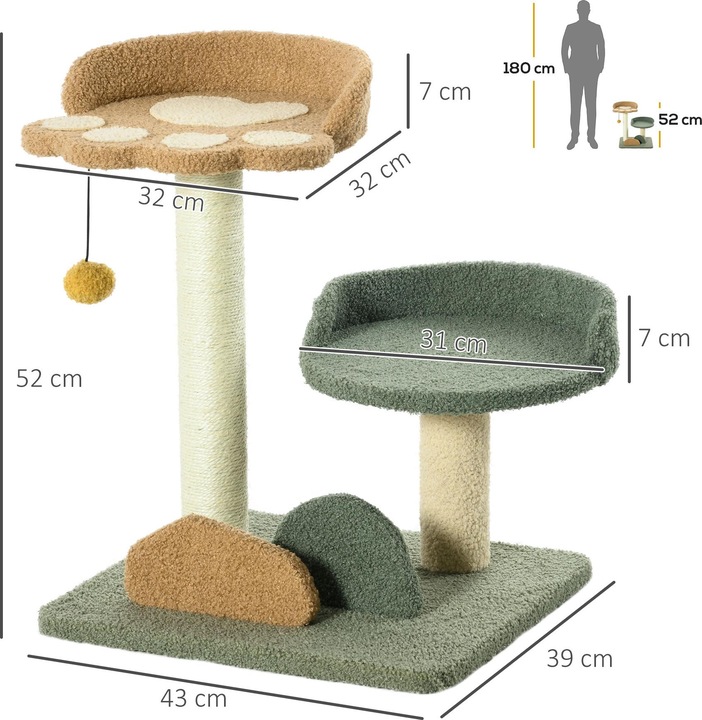 Immagine prodotto PawHut Tiragraffi con amaca e piattaforma per le zampe (52 cm, Beige, Marrone, Verde)