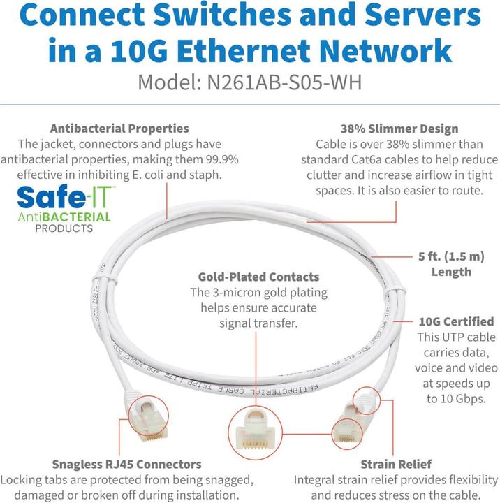 Produktbild Eaton Safe-IT Cat6a 10G-Certified Snagless Antibacterial Slim UTP Ethernet Cable RJ45 M/M (U/UTP, CAT6a, 1.52 m)