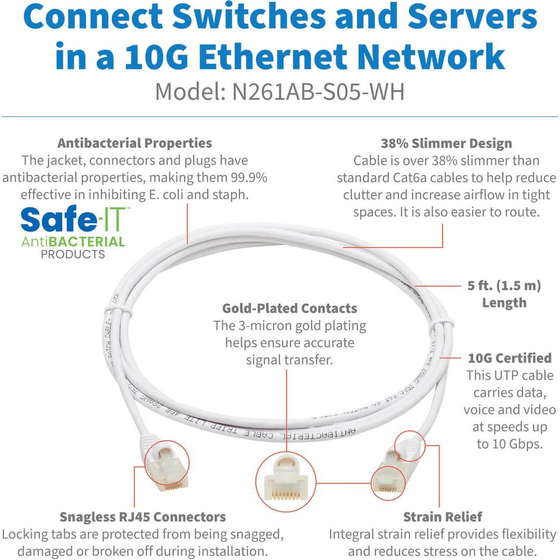 Thumbnail - Eaton Safe-IT Cat6a 10G-Certified Snagless Antibacterial Slim UTP Ethernet Cable RJ45 M/M (U/UTP, CAT6a, 1.52 m), Netzwe...