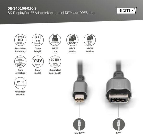 Produktbild Digitus Mini DisplayPort — DisplayPort (1 m, DisplayPort, 1.4)