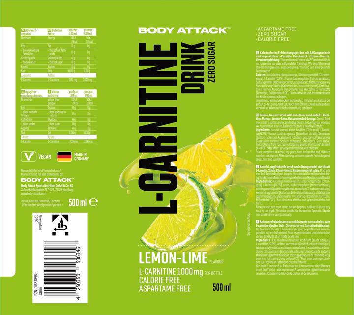 Immagine prodotto Body Attack Bevanda alla L-Carnitina (18x 500 ml) (Limone, 18 x)
