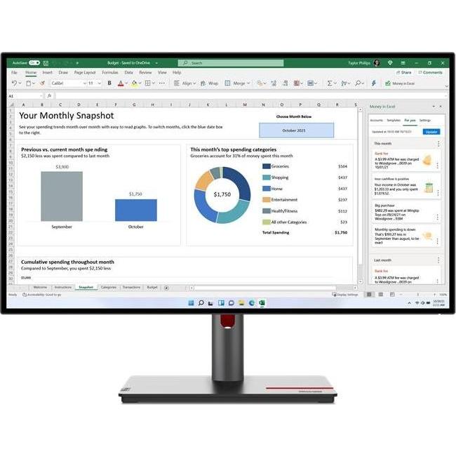 Lenovo ThinkVision P27h-30 (2560 x 1440 Pixel, 27"), Monitor, Schwarz