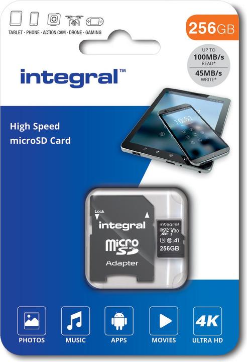 Productafbeelding INMSDX256G-100V30 256GB MICRO SD KAART MICROSDXC UHS-1 U3 CL10 V30 A1 TOT 100MBS LEZEN 45MBS (256 GB, microSD, U3, UHS-I)