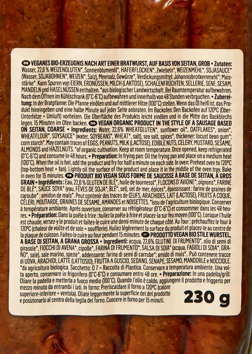 Nährwerte und Zutaten KoRo Veganes Bio-Erzeugnis nach Art einer Bratwurst, auf Basis von Seitan, grob (230 g)