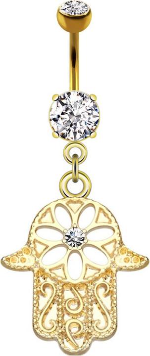 Produktbild Star Piercing Banane 14k vergoldet mit Anhänger Hamsa verschnörkelt Kristall silber (Messing, Chirurgenstahl 316L)