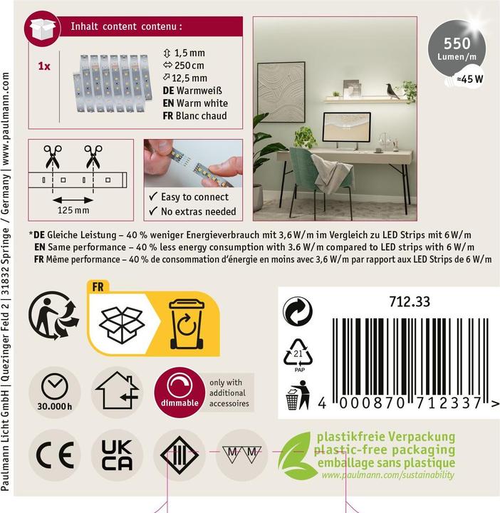Produktbild Paulmann MaxLED 500 Stripe (Warmweiss, 250 cm, Indoor)