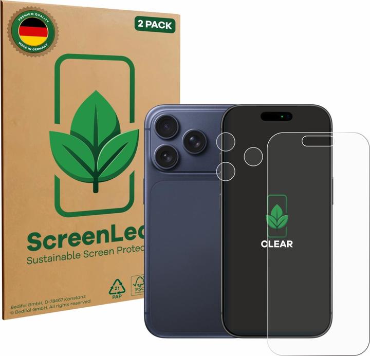 Produktbild ScreenLeaf Schutzfolie für Apple iPhone 17 Pro (Display+Kamera) nachhaltiger Displayschutz Display Schutz (2 Stk., Apple iPhone 17 Pro)
