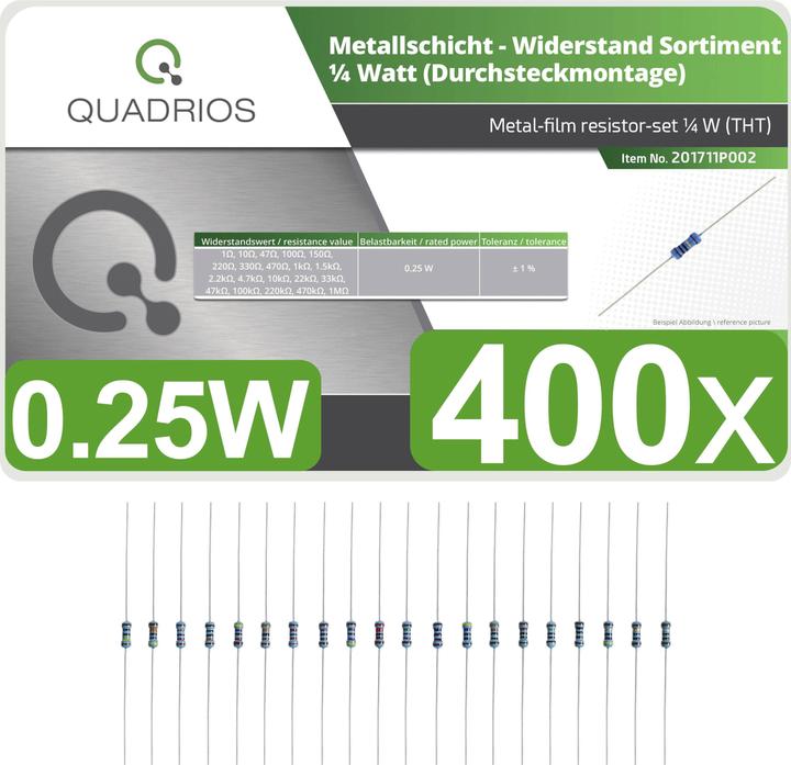 Produktbild Quadrios 201711P002 Metallschicht-Widerstand Sortiment axial bedrahtet 0.25 W 1 % 400 St.