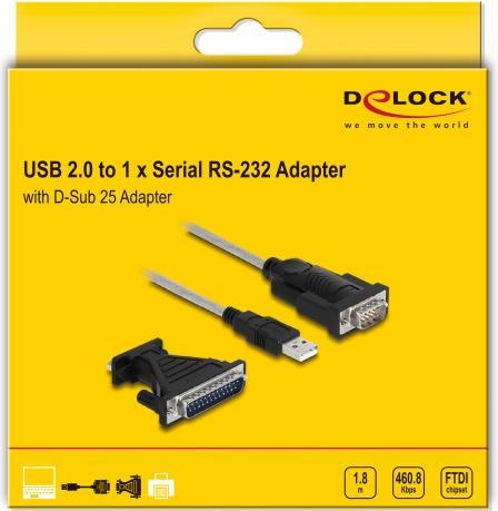 Actual product image Delock Adapter USB 2.0 Type-A to 1 x Serial RS-232 D-Sub 9 + Adapter D-Sub 25 (1.80 m)