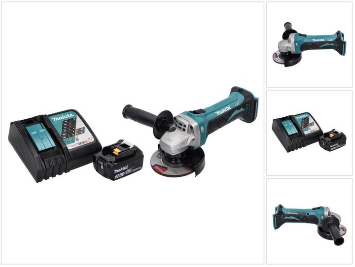 1x Makita DGA 452 Akku Winkelschleifer, 1x Schutzhaube, 1x Seitengriff, 1x Montageschlüssel, 1x Makita BL 1830 B 18 V 3,0 Ah Akku, 1x Makita DC 18 RC Ladegerät