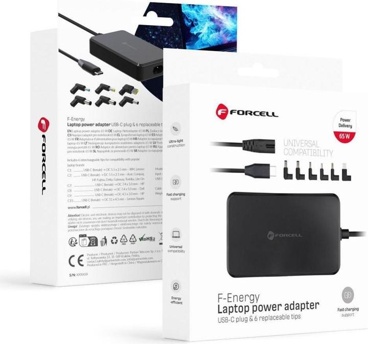 Image du produit Forcell Adapter F-ENERGY E856 uniwersal laptop charger 65W (6 adaptors) - czarny (65 W)
