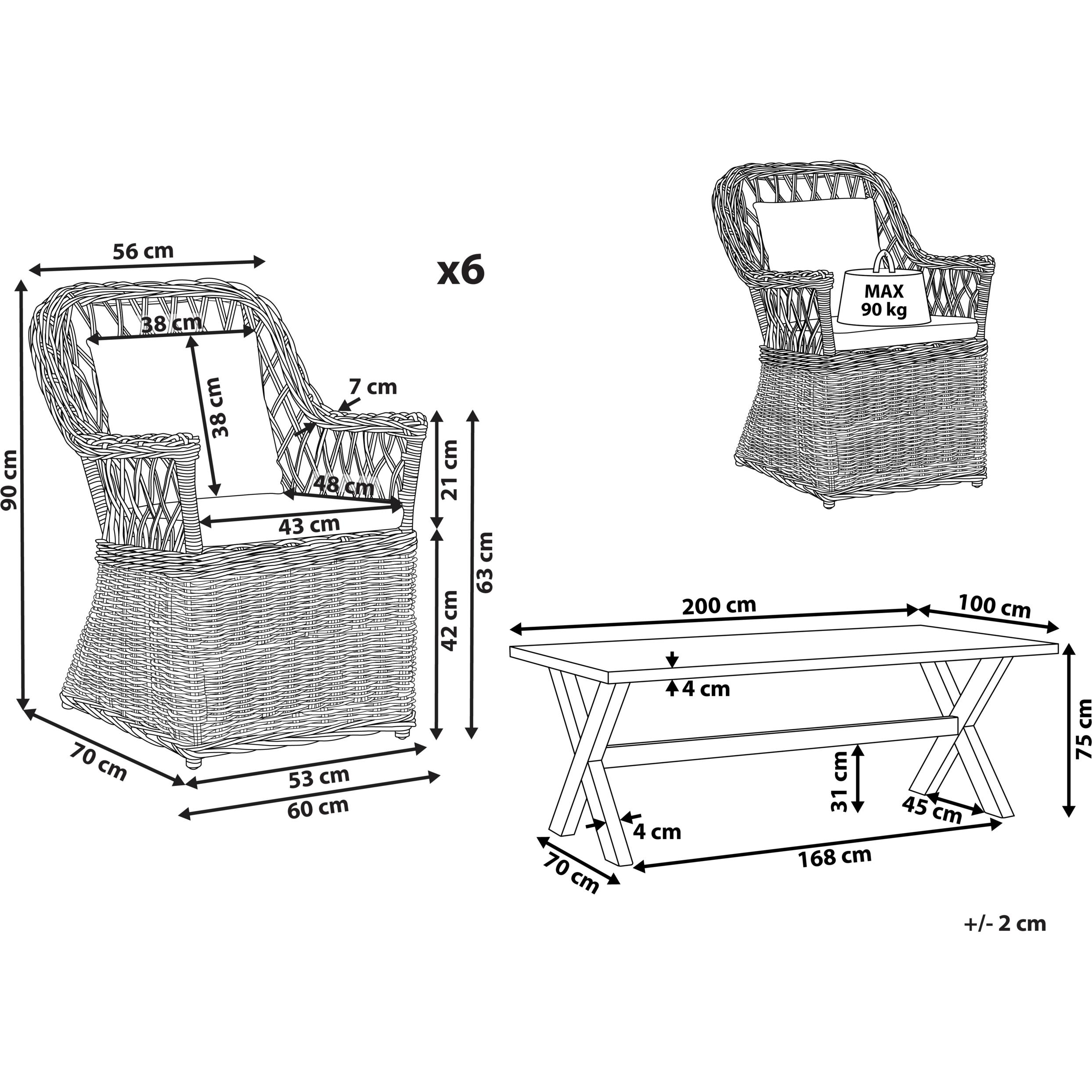 Thumbnail - Beliani, Gartentisch + Balkontisch, Gartenmöbel Set Rattan natürlich 6-Sitzer Auflagen cremeweiss MAROS/OLBIA (200 cm)