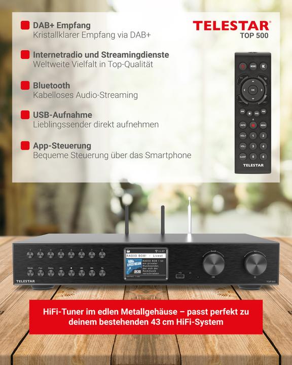 Produktbild Telestar TOP 500 sw HiFi-Tuner 43cm,Internet/DAB+/UKW,Streaming,BT,HM