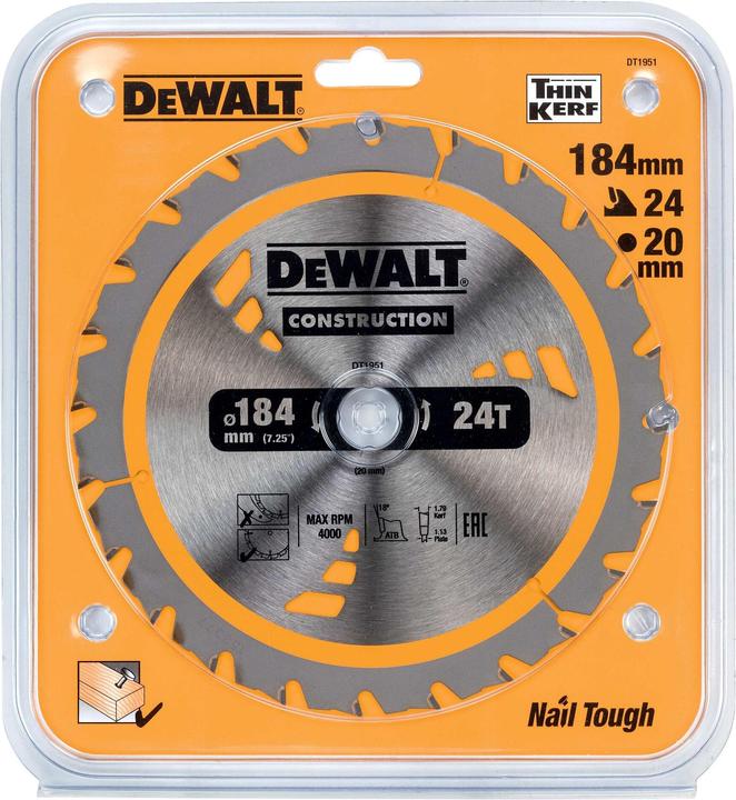 Actual product image DeWalt Circular saw blade Akku XR | AKKUHANDKR.SÄGEBL.184X20 24Z