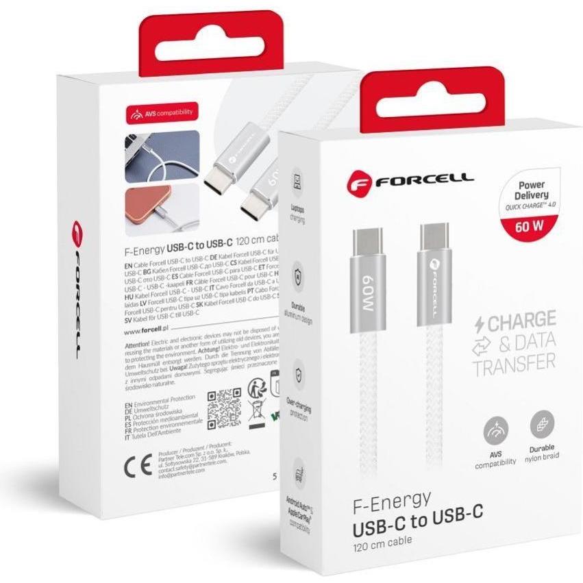 Forcell Cable Cable USB C to USB C F-Energy QC4.0 PD 3A 60W Cafule Flat 1,2 m CCFN23 white (1.20 m, 60 W), Cavo USB