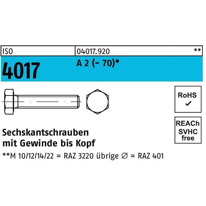 Schrauben, Sechskantschraube DIN 933 VG M 16 x 35 A 2 (- 70) (50 Schrauben pro Stück)