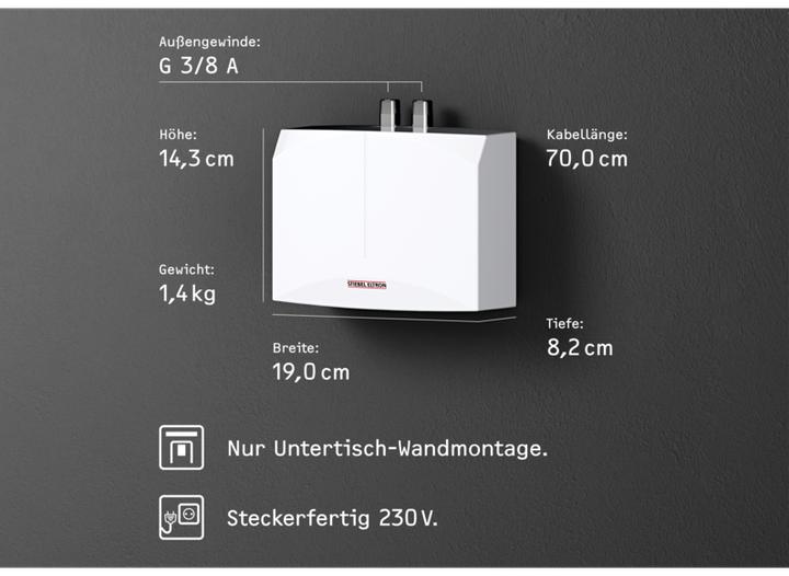 Image du produit Stiebel Eltron DHM 3 Mini chauffe-eau instantané pour lave-mains uniquement, 3,5 kW, avec prise, certifié VDE