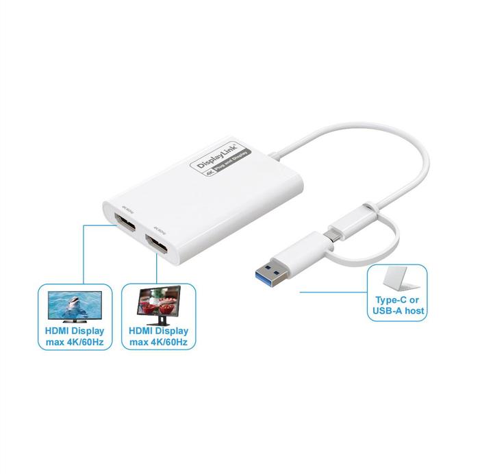 Produktbild Roline Adaptateur USB-C/A double HDMI DisplayLink, 4K60 (18 cm)