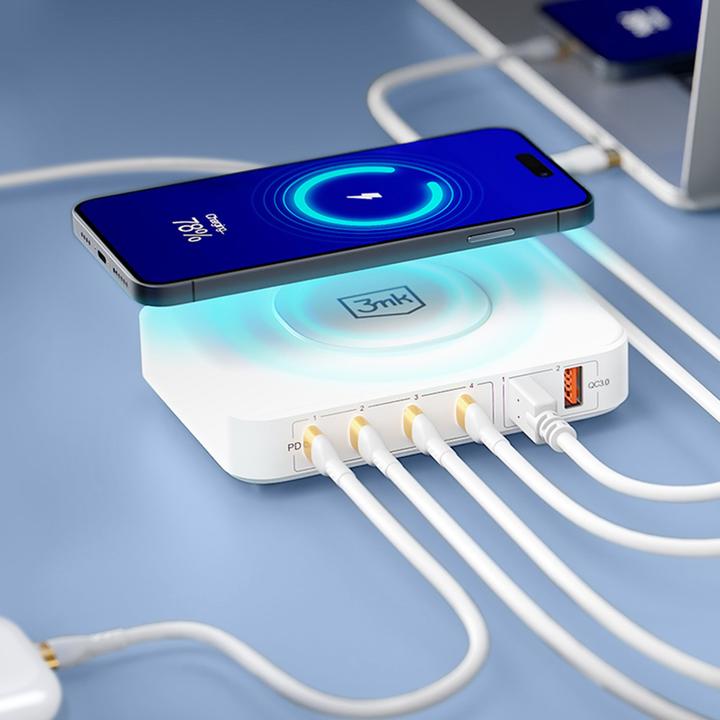 Produktbild 3MK Hyper Charger PowerMax 100W 4xUSB-C + 2xUSB-A stacja ładująca z ład. indukcyjną QC+PD (100 W, 7 Ports)