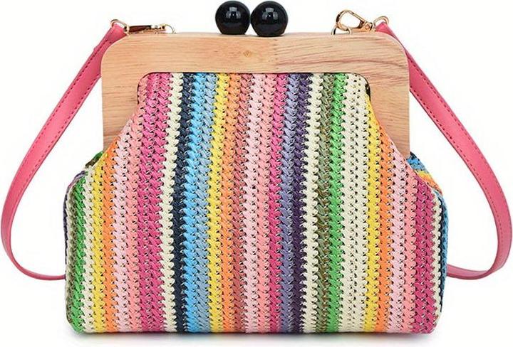 Only-Bags.Store Vintage woven crossbody bag, colourful striped shell clutch, wooden snap fastener