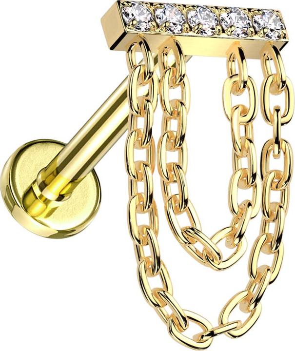 Image du produit Star Piercing Micro Labret filet femelle doré Barre dorée Cristaux argent Pendentif deux chaînes (sans laiton, Titane)