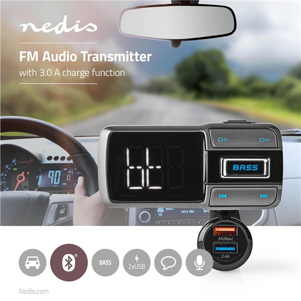 Produktbild Nedis Kfz Audio FM Transmitter Schwanenhals freisprechend 2.0 " LED Bildschirm Bluetooth® QC 3.0 /
