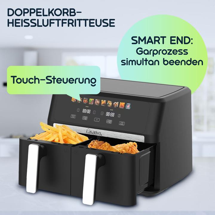 Produktbild Casativo Premium Doppelkorb Heissluftfritteuse, Dual Zone, 2x 4,5 l - Air Fryer Edelstahl / ABS