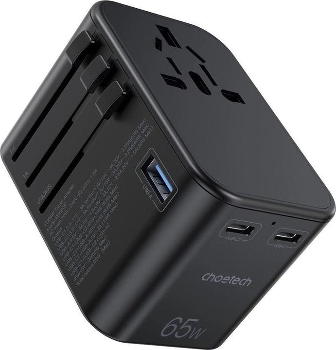 Actual product image Choetech gaN 2 x USB Type C / USB 65W Power Delivery Fast Charger Black (PD5009-BK) (65 W, 3 ports)